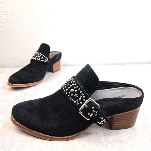 Earth Western Mule Shoes Studded Suede Black Buckle Boho Block Heel Slip On 9.5 - Picture 1 of 11